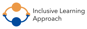 Image of a round logo splitted in a orange part and a blue part. And the text "Inclusive Learning Approach"